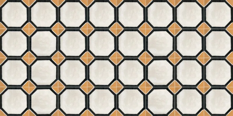 Baldosa calcárea diseño las esquinas forman patrones de rombos y contorno cuadricular.